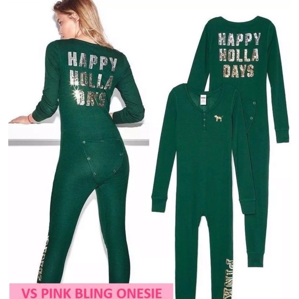 Victoria's Secret PINK Union Suit XS Green Happy Holla Days Sequin Cotton Blend